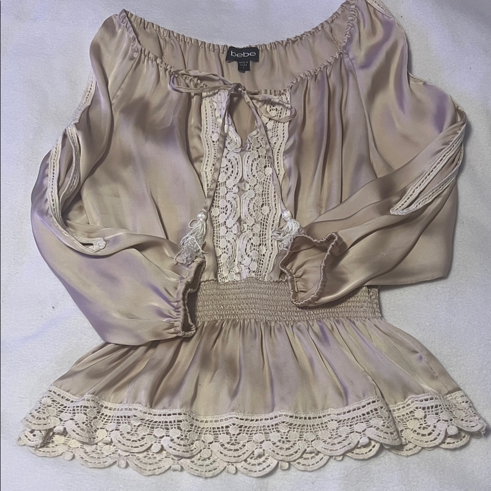 bebe Cream Lace-Trim Peasant Tunic Top
